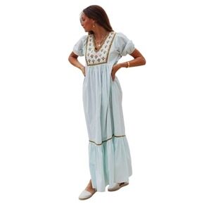 Ex Voto Hayes Embroidered Maxi Whispering Blue Prairie Boho Cotton Dress